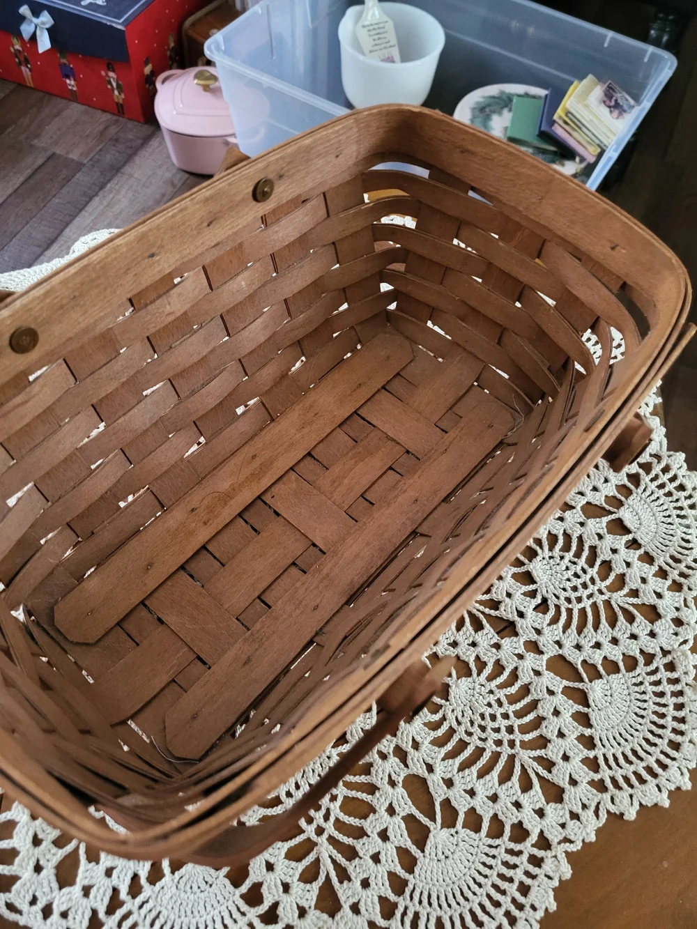 Longaberger Brown Rectangular Market Basket with Folding Handle